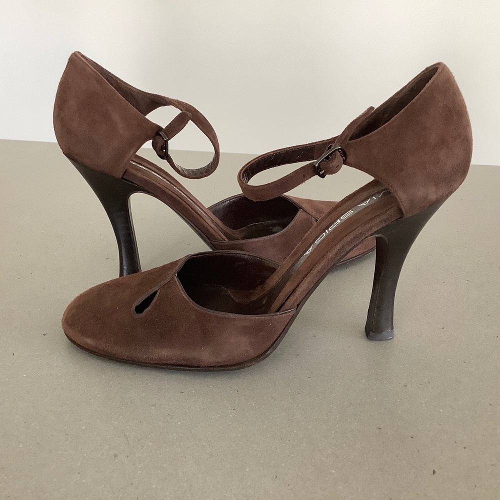 Via Spiga Brown Suede D’orsay High Heel Pumps with Ankle Strap Size 8M